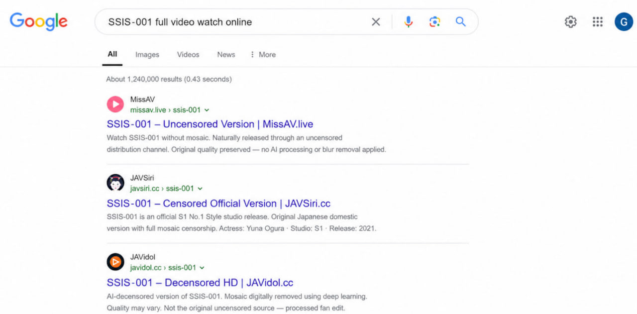 Preview of search results when searching for a video